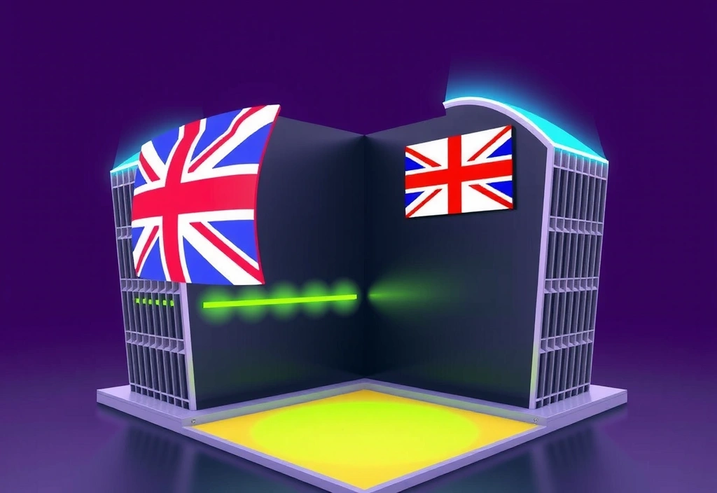 Korean and British flags with modern office building