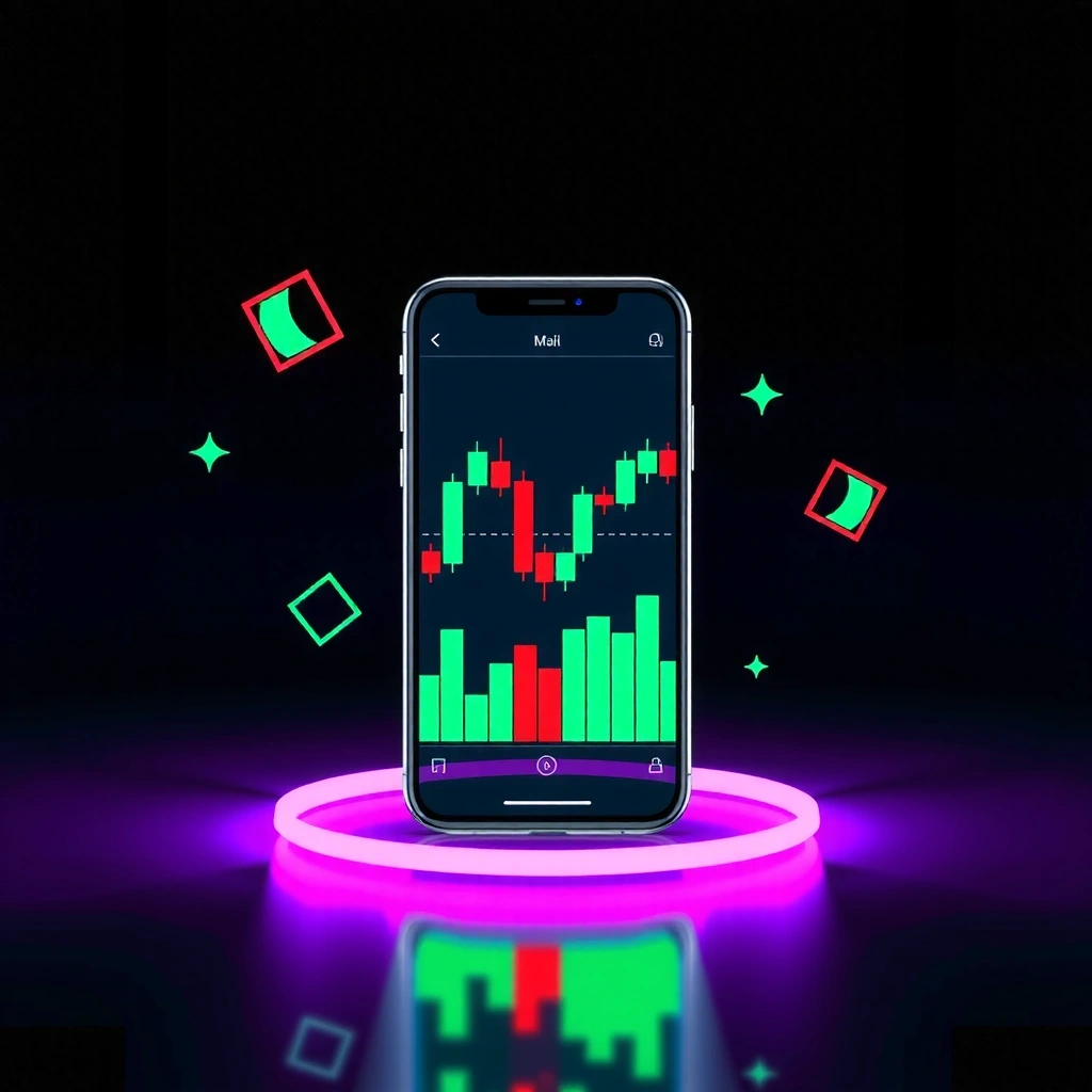 Abstract mobile phone displaying green and red trading candlestick charts with neon glow effects